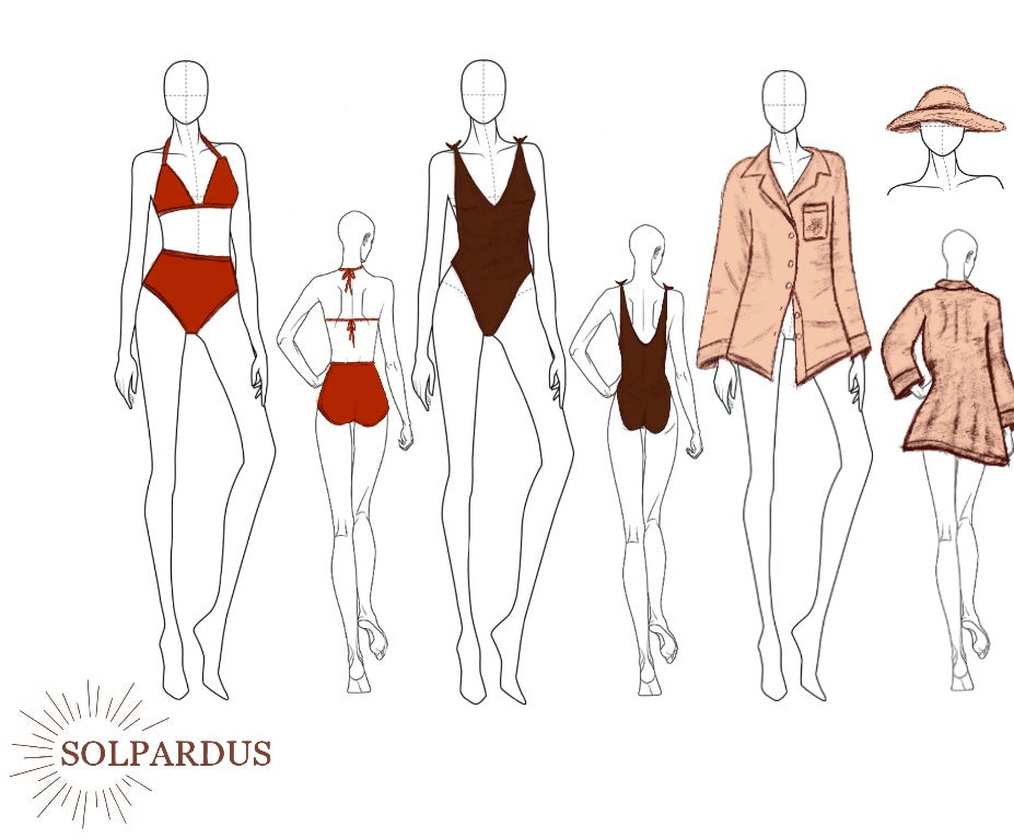 Solpardus collection sketches by Freya Bickford with Thea bamboo bikini Thea bamboo onepiece Saba linen shirt Nyx linen hat
