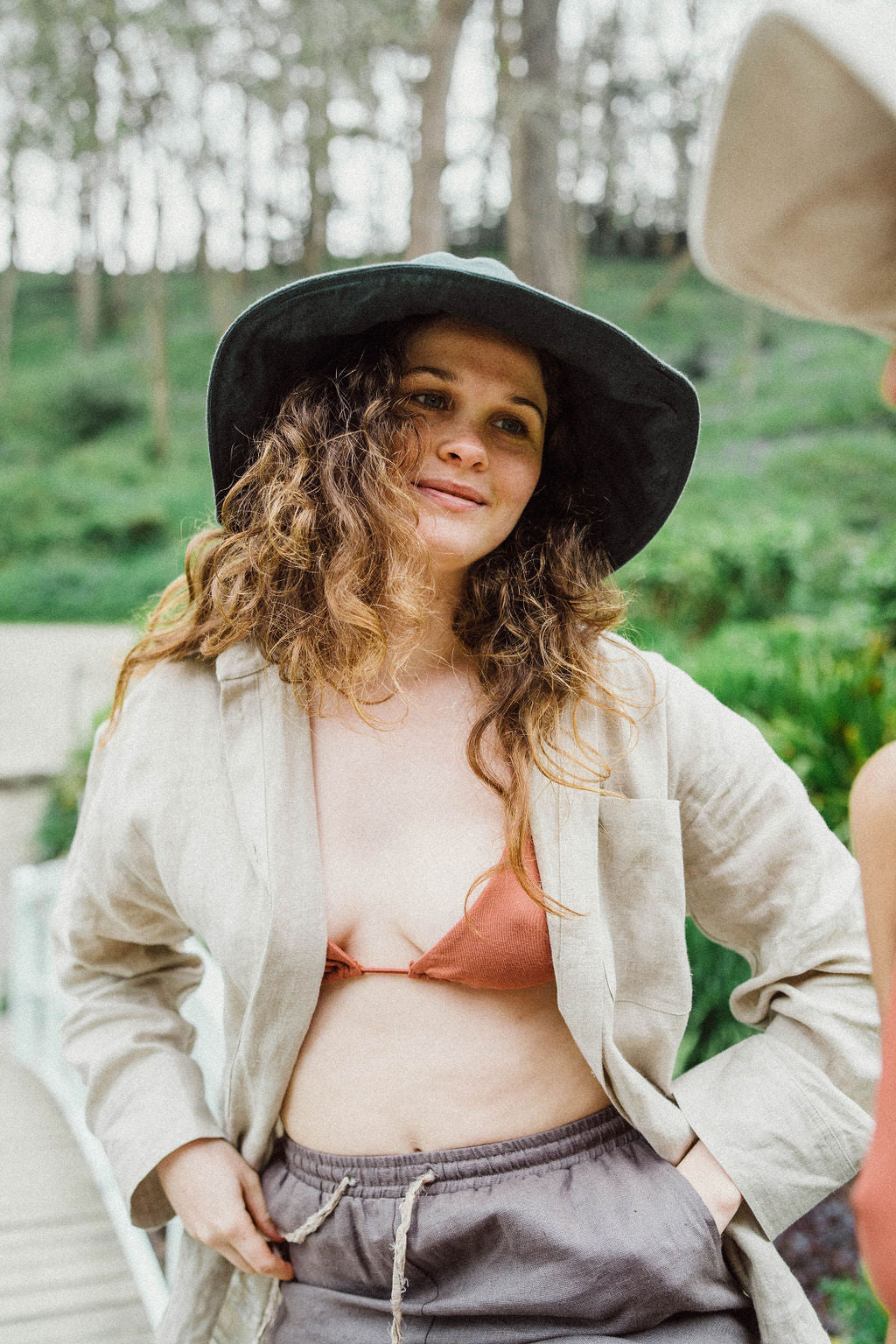 Solpardus collection at Trebah Gardens wearing Nyx linen hat Saba linen shirt Thea bamboo bikini top Atti linen trousers all natural and perfect for sensitive skin psoriasis and eczema