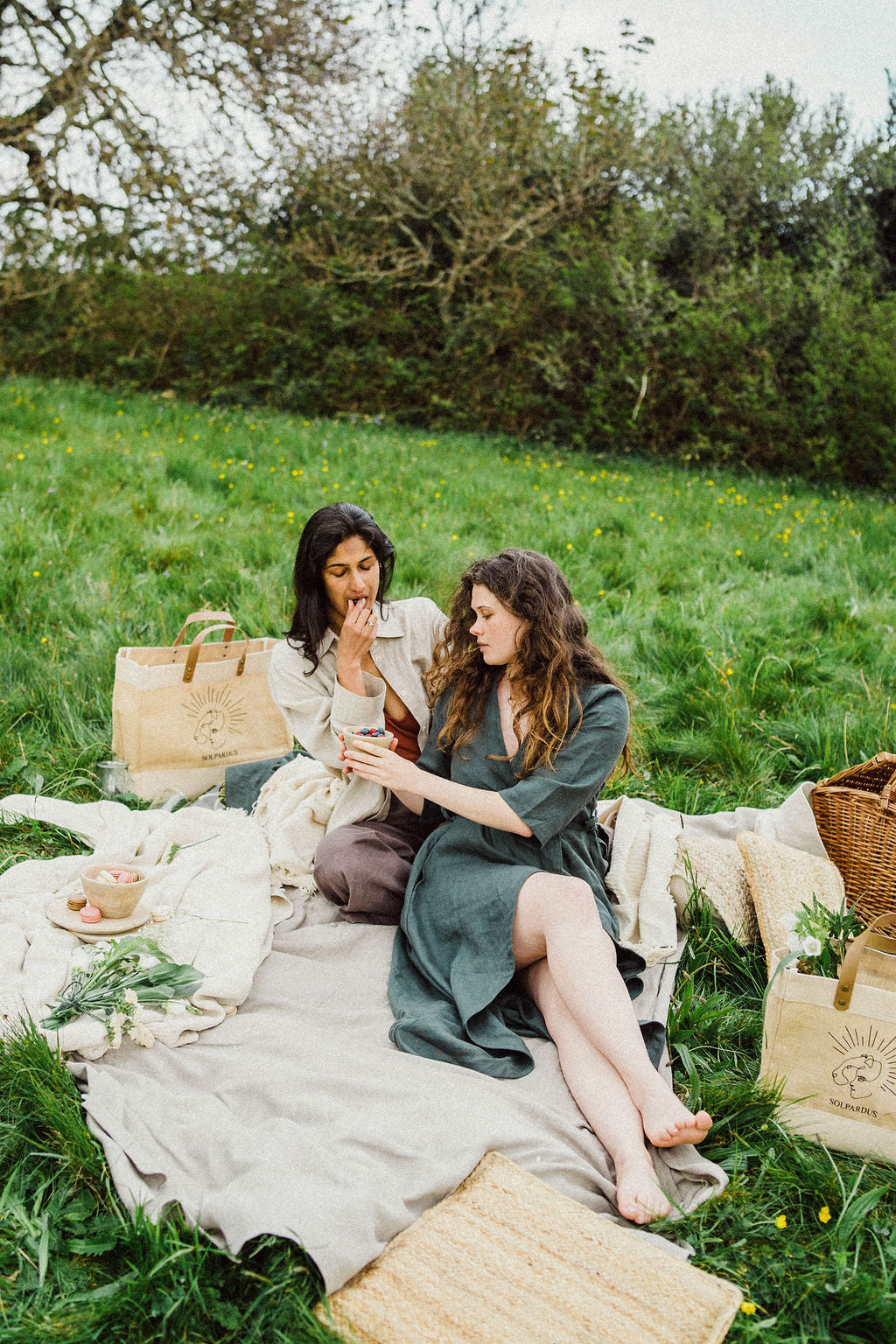 Solpardus ‘Everything’ bag. Jute and juco bag with buffalo leather handles, brass feet and premium flock heat transfer to give the Solpardus logo a luxurious velvet texture. A picnic with friends in Cornwall