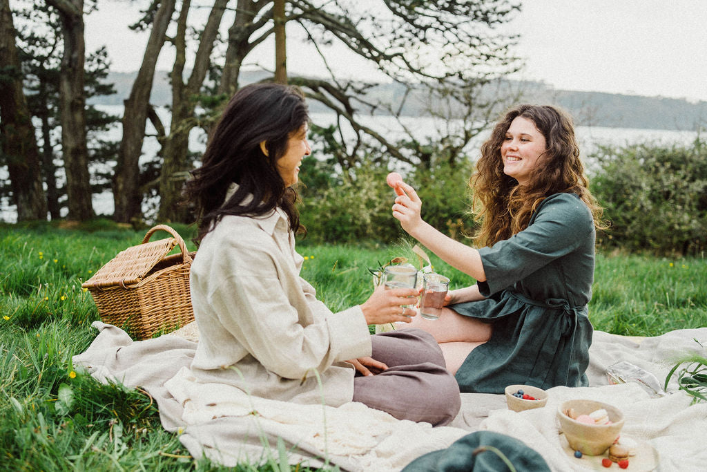 Solpardus picnic in Mawnan Smith Cornwall. All natural linen collection Saba linen shirt Atti linen trousers Delphi linen dress